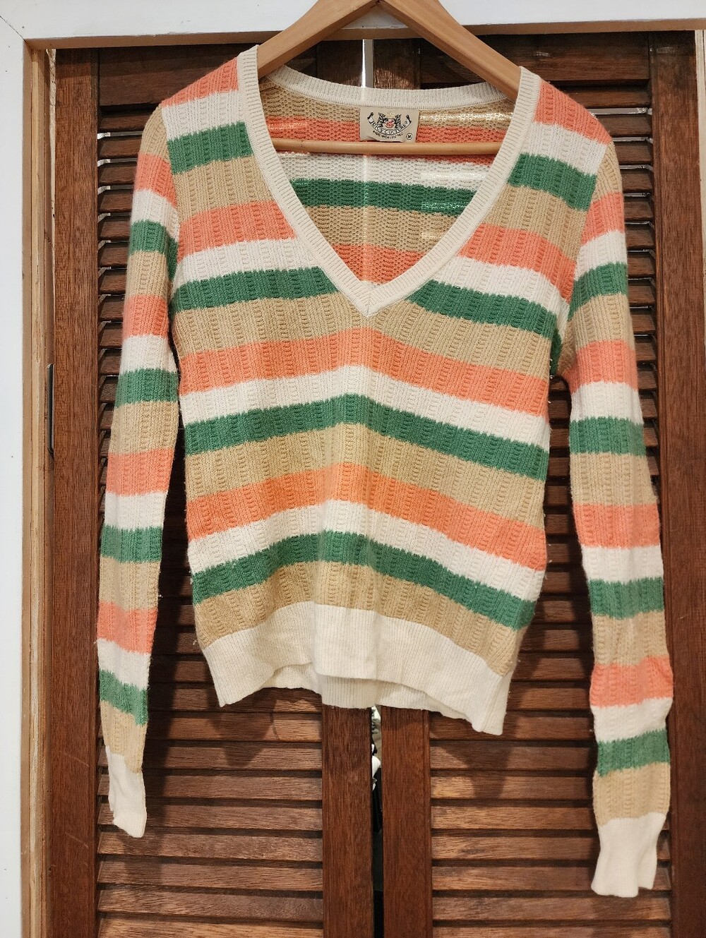 Juicy Couture V-Neck Striped Knit Sweater in Cream, Green & Coral 100% Cashmere